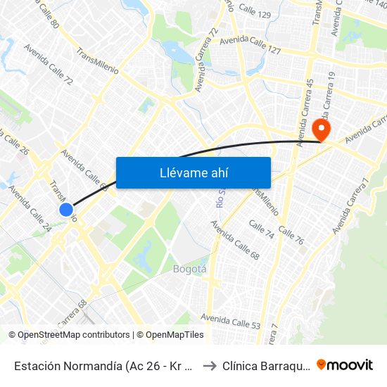 Estación Normandía (Ac 26 - Kr 74) to Clínica Barraquer map