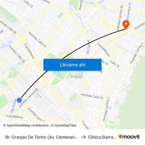 Br. Granjas De Techo (Av. Centenario - Kr 65) to Clínica Barraquer map