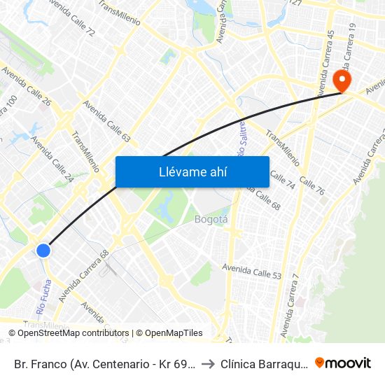 Br. Franco (Av. Centenario - Kr 69b) to Clínica Barraquer map