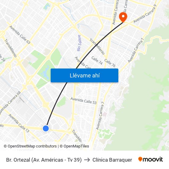 Br. Ortezal (Av. Américas - Tv 39) to Clínica Barraquer map