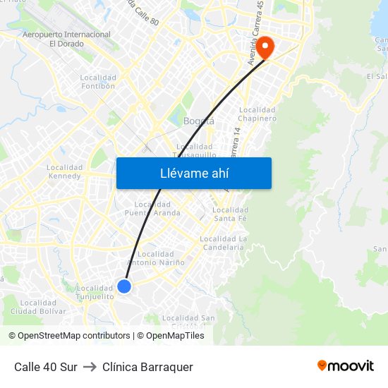 Calle 40 Sur to Clínica Barraquer map