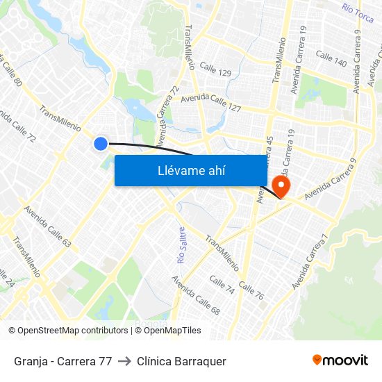Granja - Carrera 77 to Clínica Barraquer map