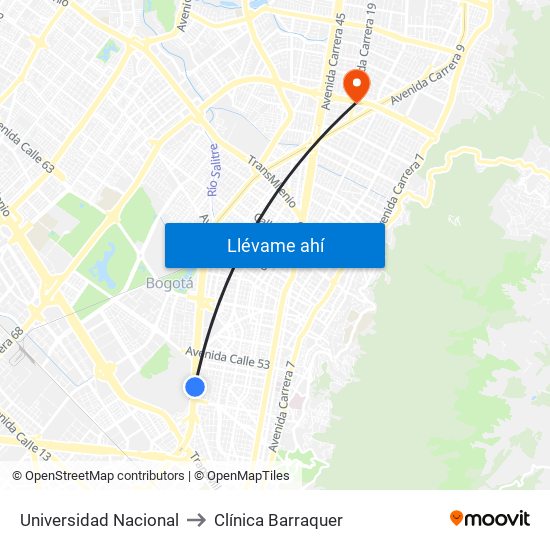 Universidad Nacional to Clínica Barraquer map