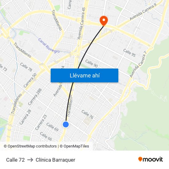 Calle 72 to Clínica Barraquer map