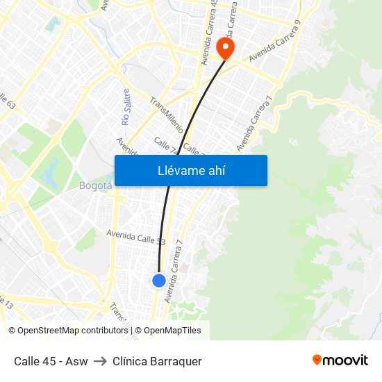 Calle 45 - Asw to Clínica Barraquer map