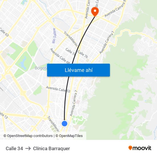 Calle 34 to Clínica Barraquer map