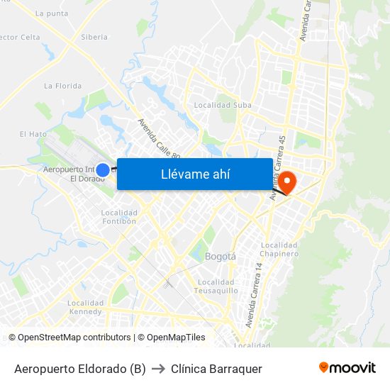 Aeropuerto Eldorado (B) to Clínica Barraquer map