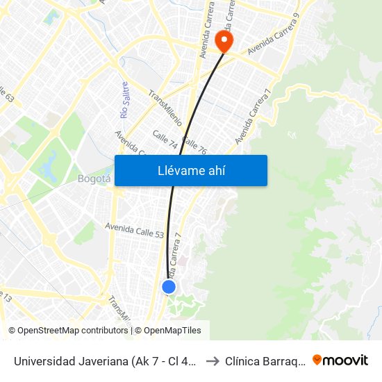 Universidad Javeriana (Ak 7 - Cl 40) (B) to Clínica Barraquer map