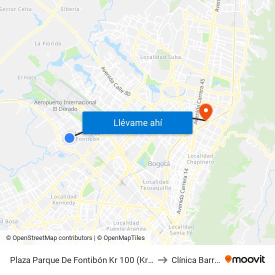 Plaza Parque De Fontibón Kr 100 (Kr 100 - Cl 17a) to Clínica Barraquer map