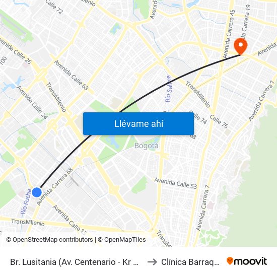 Br. Lusitania (Av. Centenario - Kr 68b) to Clínica Barraquer map