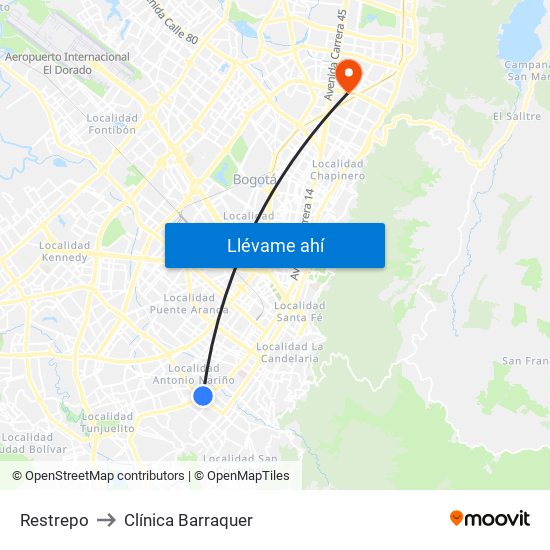 Restrepo to Clínica Barraquer map