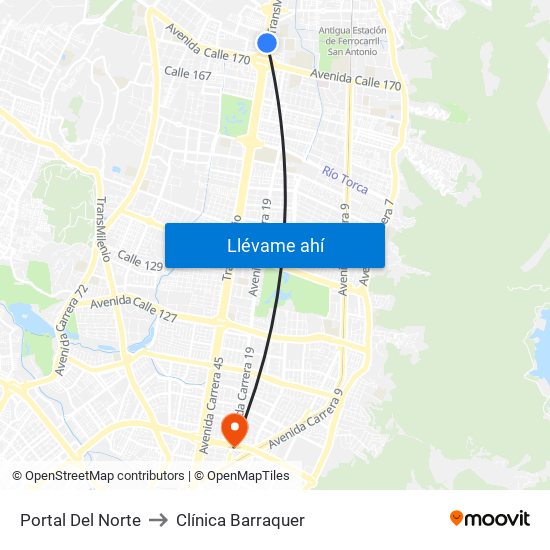 Portal Del Norte to Clínica Barraquer map