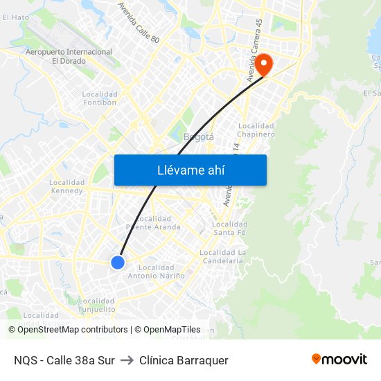 NQS - Calle 38a Sur to Clínica Barraquer map
