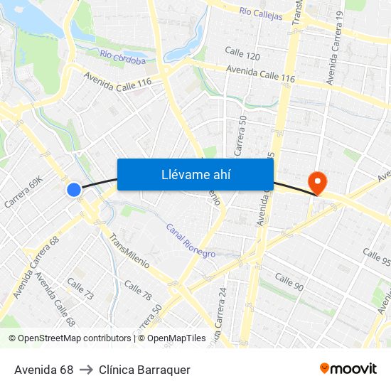 Avenida 68 to Clínica Barraquer map