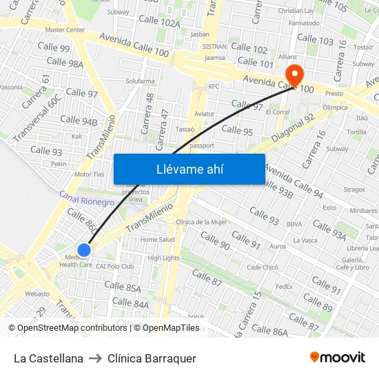 La Castellana to Clínica Barraquer map
