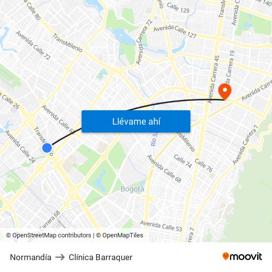 Normandía to Clínica Barraquer map