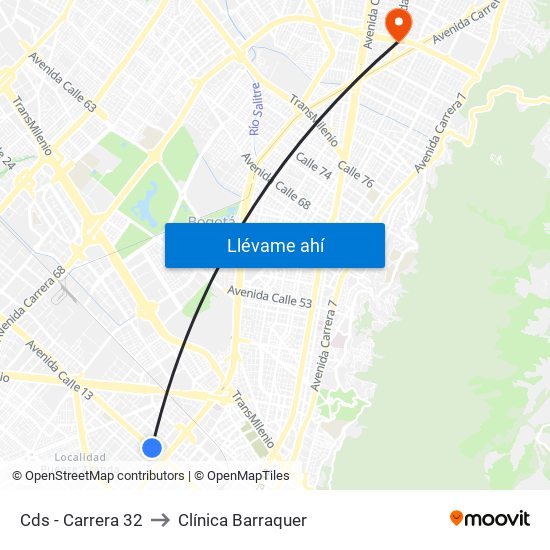 Cds - Carrera 32 to Clínica Barraquer map