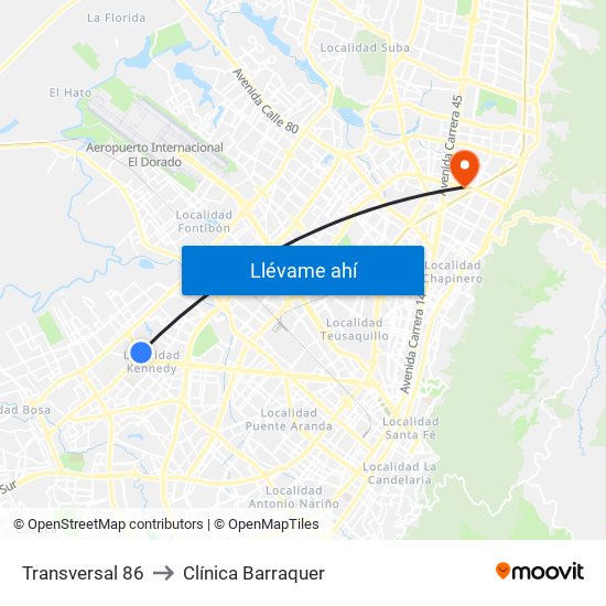 Transversal 86 to Clínica Barraquer map