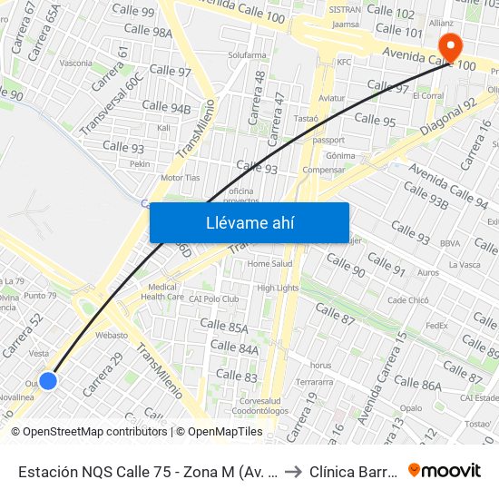 Estación NQS Calle 75 - Zona M (Av. NQS - Cl 75) to Clínica Barraquer map
