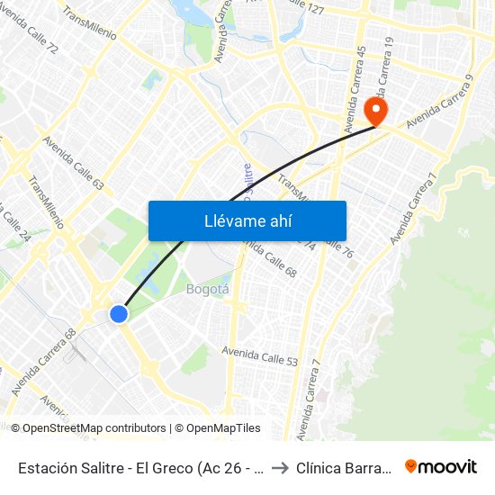 Estación Salitre - El Greco (Ac 26 - Ak 68) to Clínica Barraquer map