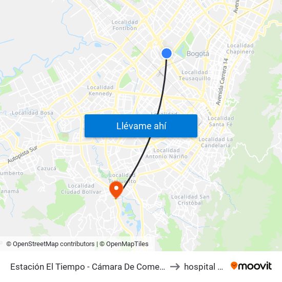 Estación El Tiempo - Cámara De Comercio De Bogotá (Ac 26 - Kr 68b Bis) to hospital de Meissen map