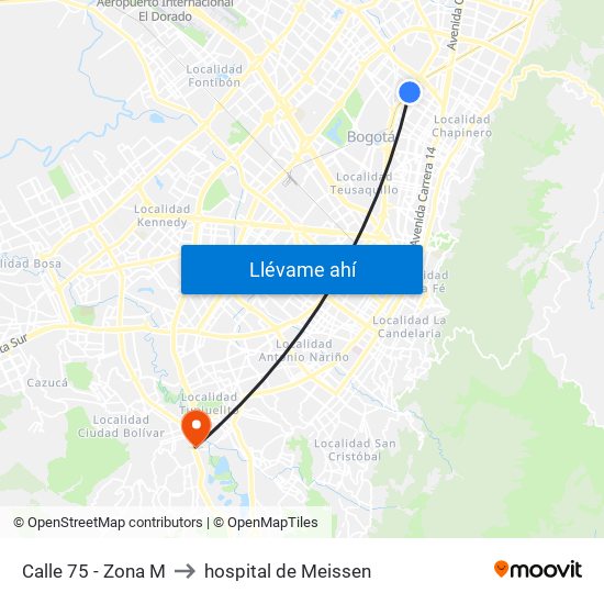 Calle 75 - Zona M to hospital de Meissen map