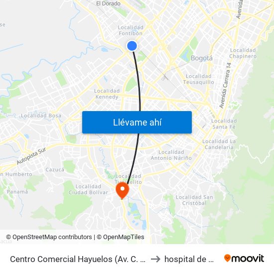Centro Comercial Hayuelos (Av. C. De Cali - Cl 20) to hospital de Meissen map