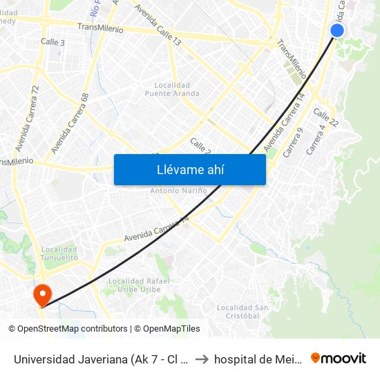 Universidad Javeriana (Ak 7 - Cl 40) (B) to hospital de Meissen map