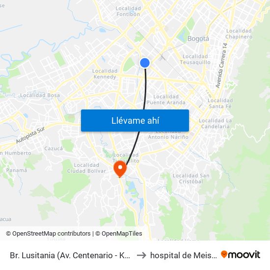 Br. Lusitania (Av. Centenario - Kr 68b) to hospital de Meissen map