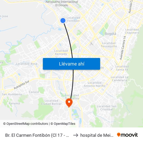 Br. El Carmen Fontibón (Cl 17 - Kr 100) to hospital de Meissen map