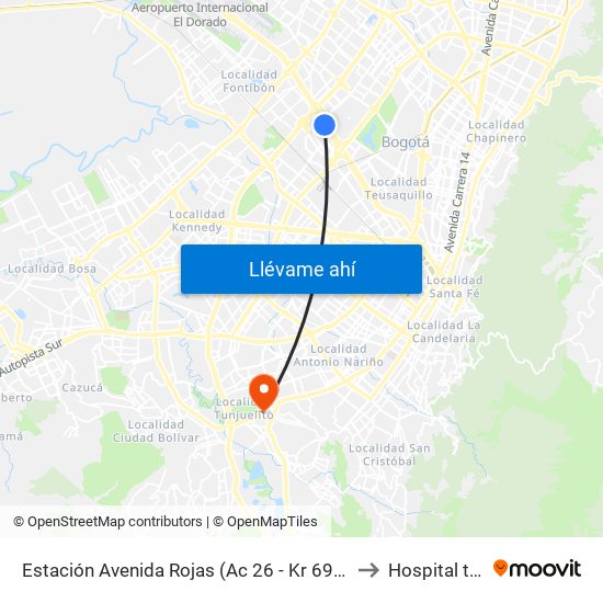 Estación Avenida Rojas (Ac 26 - Kr 69d Bis) (B) to Hospital tunal map