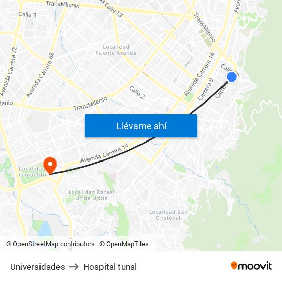 Universidades to Hospital tunal map
