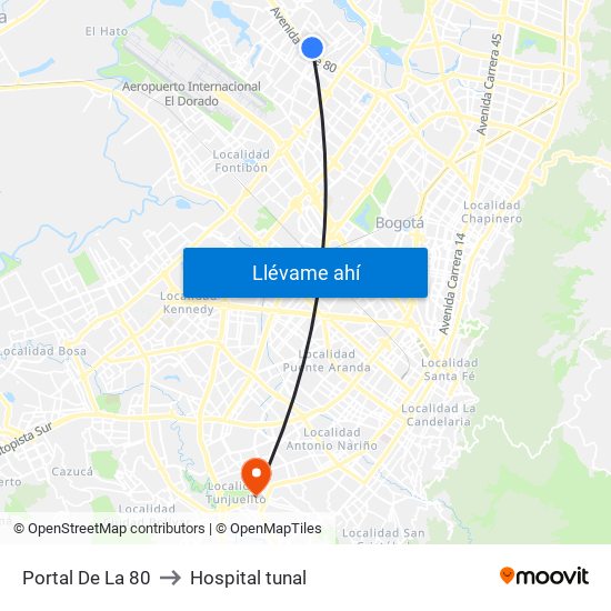 Portal De La 80 to Hospital tunal map