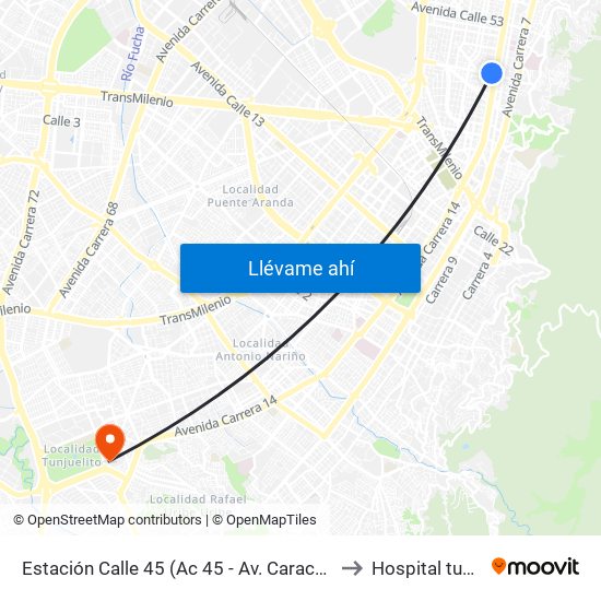 Estación Calle 45 (Ac 45 - Av. Caracas) to Hospital tunal map