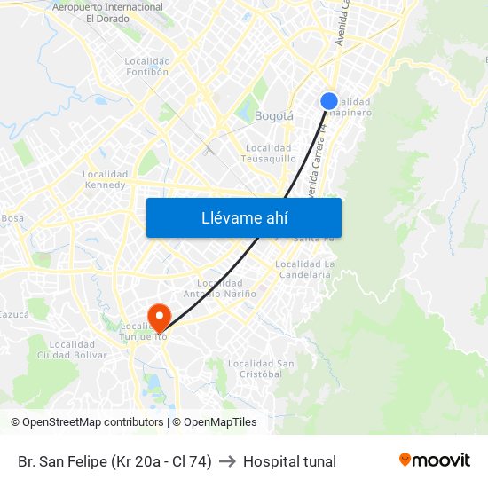 Br. San Felipe (Kr 20a - Cl 74) to Hospital tunal map