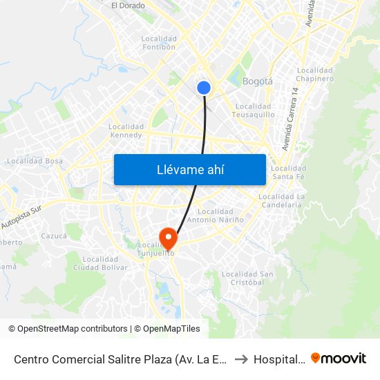 Centro Comercial Salitre Plaza (Av. La Esperanza - Kr 68b) to Hospital tunal map