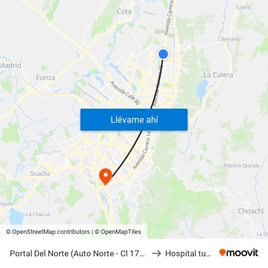 Portal Del Norte (Auto Norte - Cl 174a) to Hospital tunal map