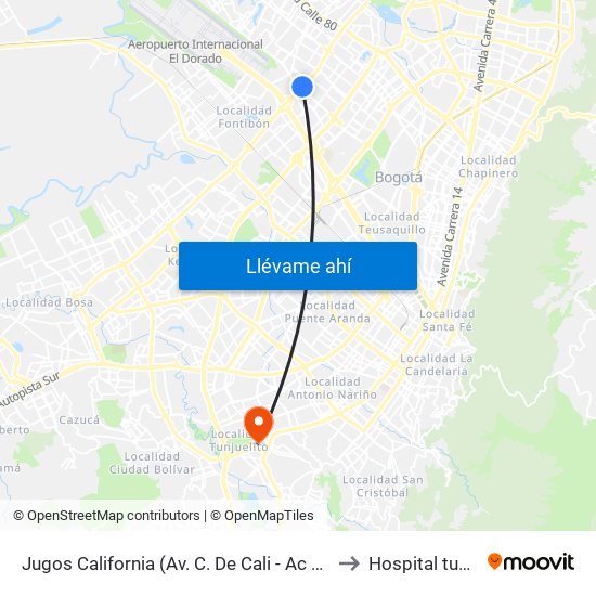 Jugos California (Av. C. De Cali - Ac 63) to Hospital tunal map