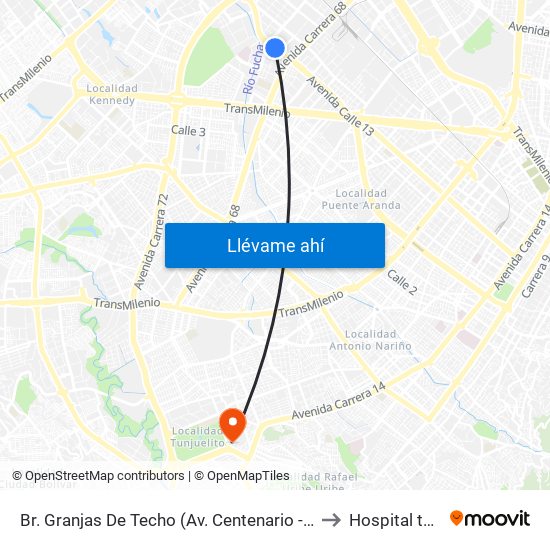 Br. Granjas De Techo (Av. Centenario - Kr 65) to Hospital tunal map