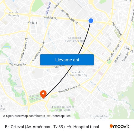 Br. Ortezal (Av. Américas - Tv 39) to Hospital tunal map