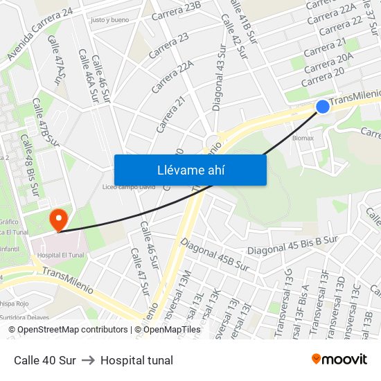 Calle 40 Sur to Hospital tunal map