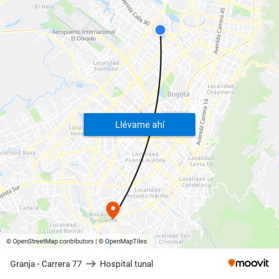 Granja - Carrera 77 to Hospital tunal map