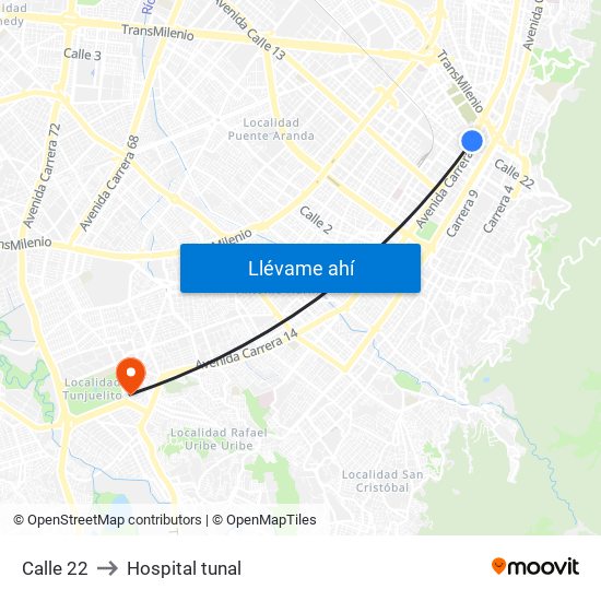 Calle 22 to Hospital tunal map