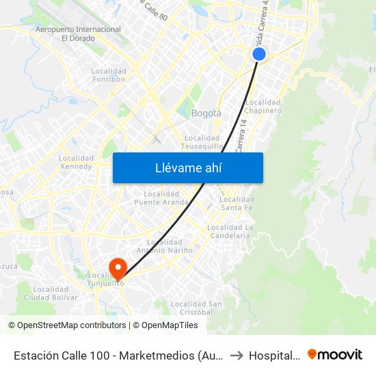 Estación Calle 100 - Marketmedios (Auto Norte - Cl 98) to Hospital tunal map