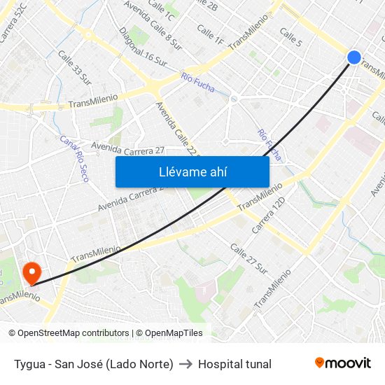 Tygua - San José (Lado Norte) to Hospital tunal map