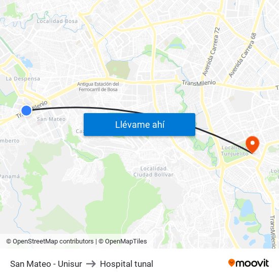 San Mateo - Unisur to Hospital tunal map