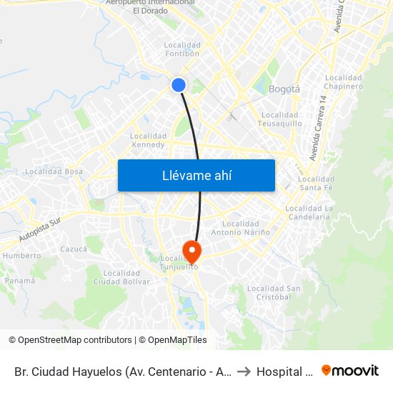 Br. Ciudad Hayuelos (Av. Centenario - Av. C. De Cali) to Hospital tunal map