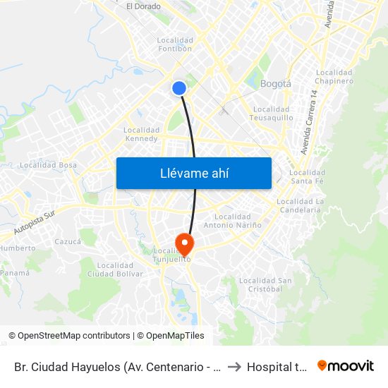 Br. Ciudad Hayuelos (Av. Centenario - Kr 78g) to Hospital tunal map