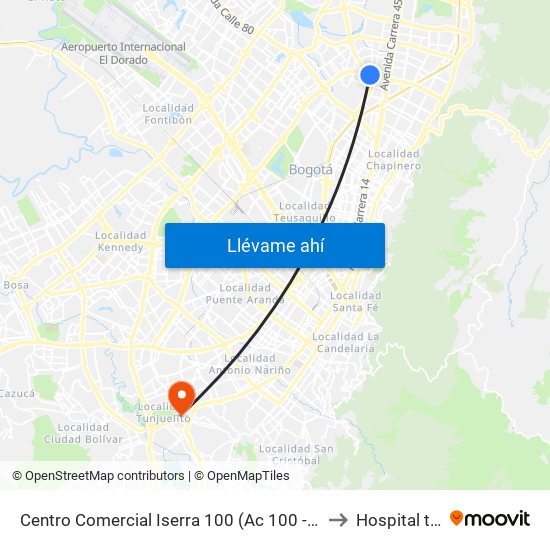 Centro Comercial Iserra 100 (Ac 100 - Kr 54) (B) to Hospital tunal map