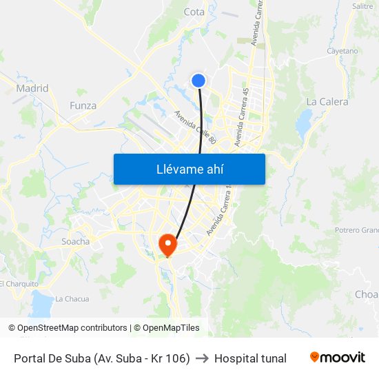 Portal De Suba (Av. Suba - Kr 106) to Hospital tunal map